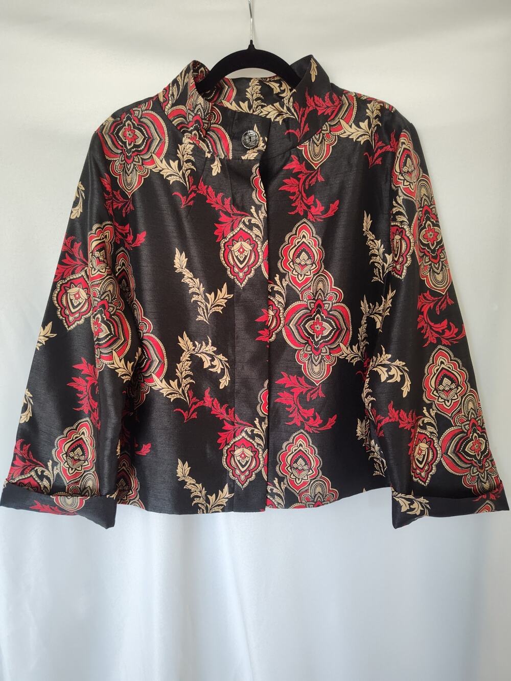 Chico's Medallion Paisley Print Jacket Size 3 XL Black Red Gold Mock Neck Coat